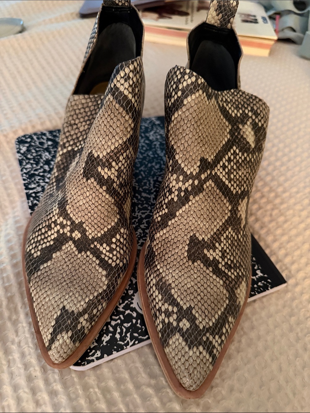 Dolce Vita Snake-Print Pointed Ankle Boots - Taupe & Black in size 7.5
